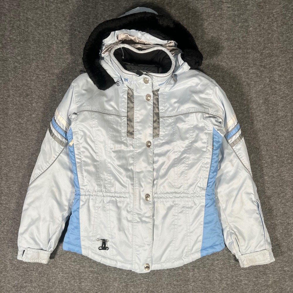 Vintage Spyder Womens Winter Ski Jacket Light Blue Silver Faux Fur Hood Size 10